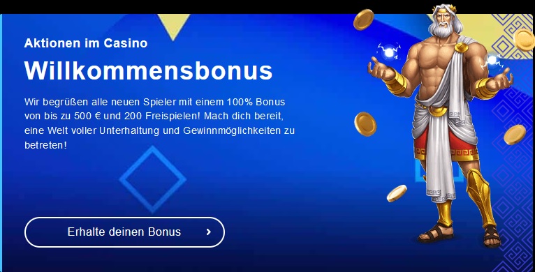 Banner featuring a welcome bonus offer for Librabet Online Casino. Text in German highlights a 100% bonus up to 500 euros and 200 free games for new players. To the right, an animated, Greek god-like figure holds coins. The bottom-left has a button labeled "Erhalte deinen Bonus.