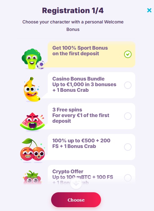 Unlock a world of rewards with Nomini Bet's welcome bonus options featuring playful cartoon emojis: enjoy a 100% sports bonus, a casino bonus bundle up to €1,000, free spins galore for every deposit, or exciting crypto offers. Dive in and discover delightful gaming possibilities!