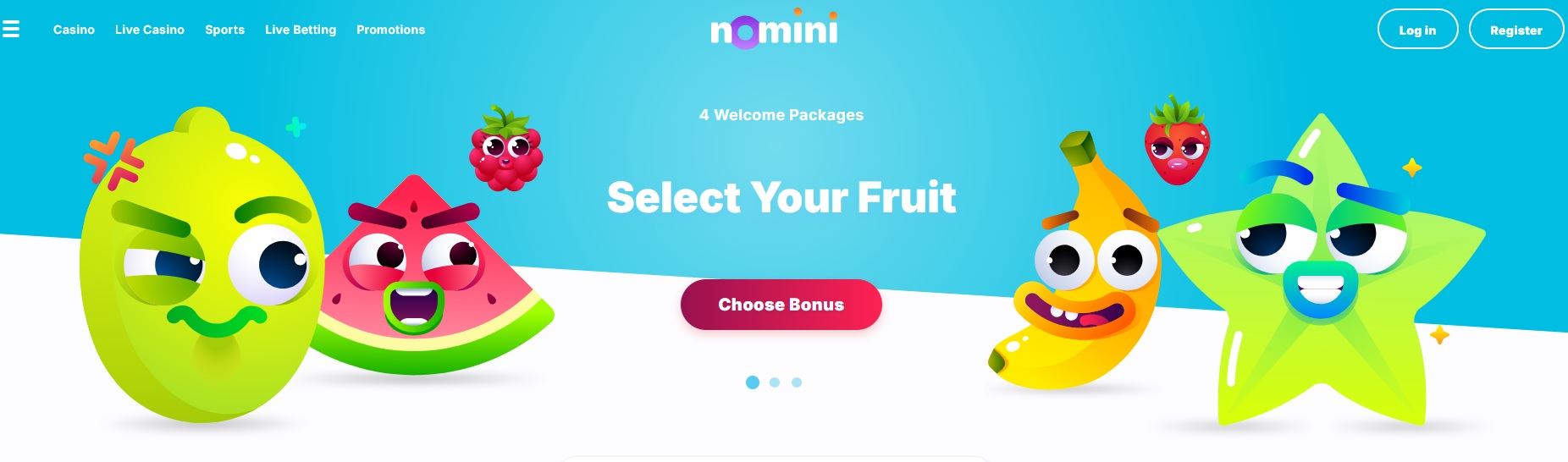 Cartoon fruits with faces, like a lemon and watermelon, are displayed against a blue background. Each wears a unique expression. The screen showcases buttons for choosing a Welcome Bonus and logging in or registering at Nomini Bet Casino.