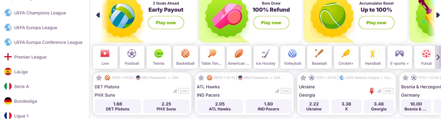 The Nomini Bet website interface showcases sports categories and betting options, featuring icons for football, tennis, and basketball. Games listed include NBA and international soccer matches with odds. Enjoy a Welcome Bonus as you explore our site, with promotional banners displayed above.